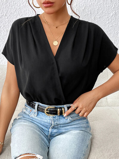 Surplice Short Sleeve Ruched Bodysuit